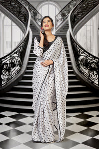 White Parisian Chic Polka Dot Saree