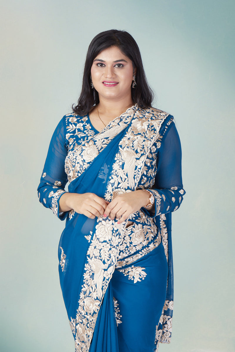 Cobalt Royal Blue Floral Saree