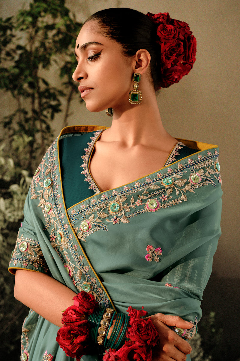 Teal Embroidered Border Saree